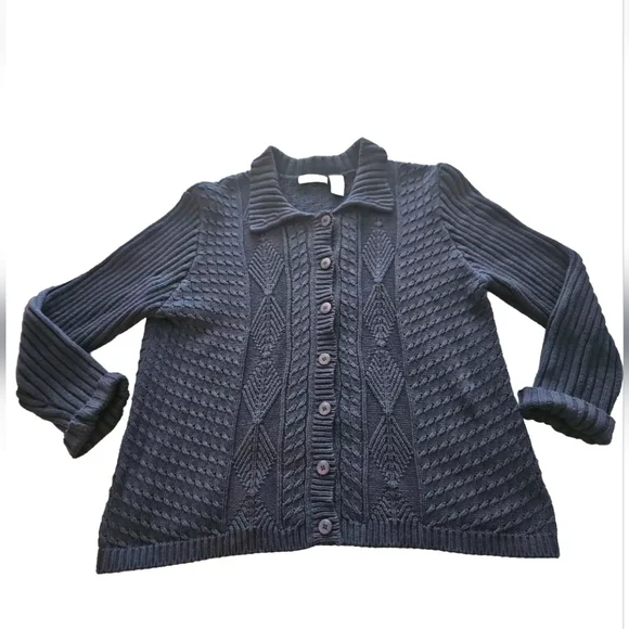 Orvis Sweater Womens XL Navy Cotton Button Up Cable Knit Cardigan Collard VTG - Picture 6 of 12